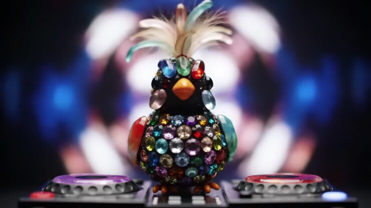 Una colorata statuetta decorativa di un uccello, adornata con gemme scintillanti su un giradischi da DJ, che mette in risalto un'atmosfera vivace e artistica in un ambiente moderno