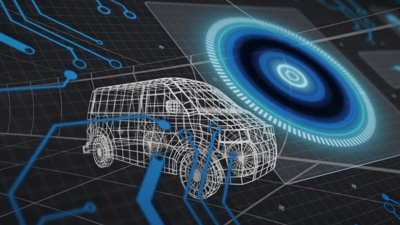 Wireframe 3D SUV being visualized in virtual design interface, with grid plane and holographic ring