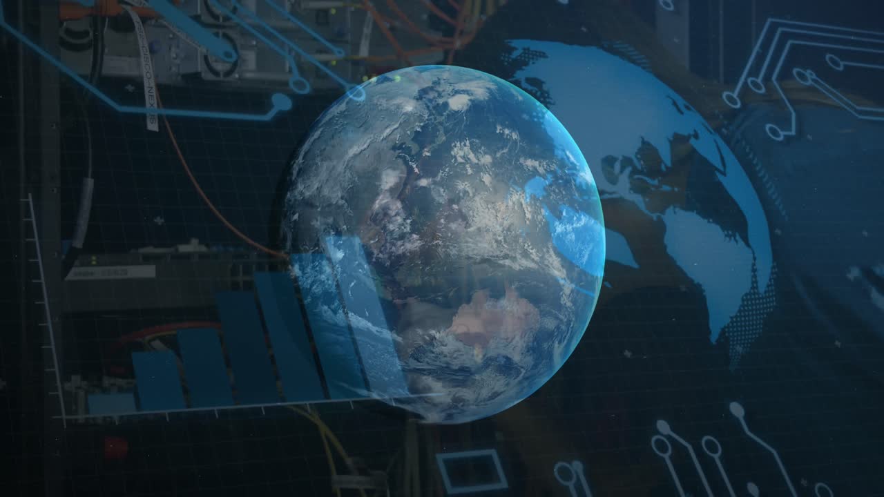 Animation of globe rotating over integrated circuit on black background