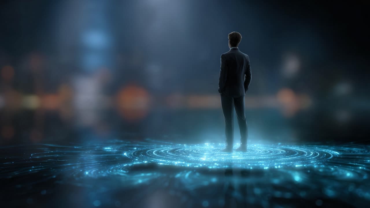 A contemplative figure in a suit stands on a vibrant digital landscape, surrounded by glowing blue patterns, symbolizing innovation, technology, and future possibilities