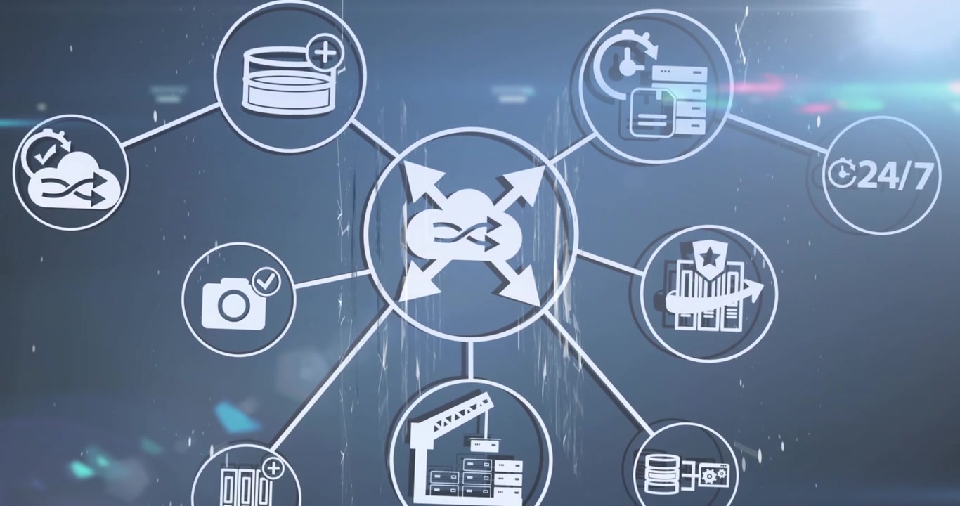 Animation of network of connections with icons over blue background