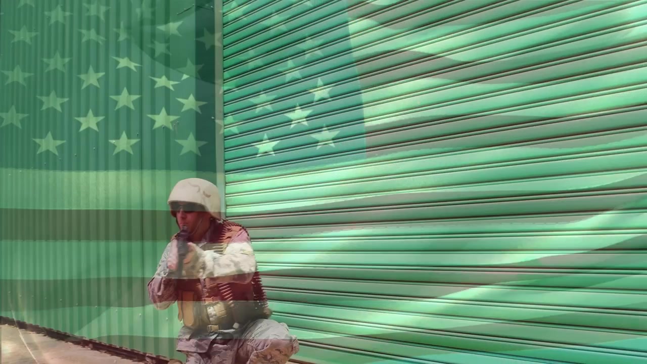 Animation of flag of usa over caucasian soldier with machine gun