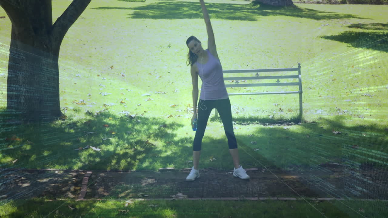Stretching in park, woman with digital network animation overlay outdoors