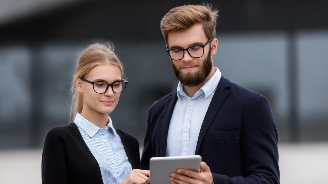 A Professional Couple in Business Attire Engaging in a Discussion While Using a Tablet Device Outdoors, Exhibiting Teamwork and Communication Skills
