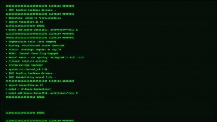 Computer Terminal Displaying System Error and Binary Code