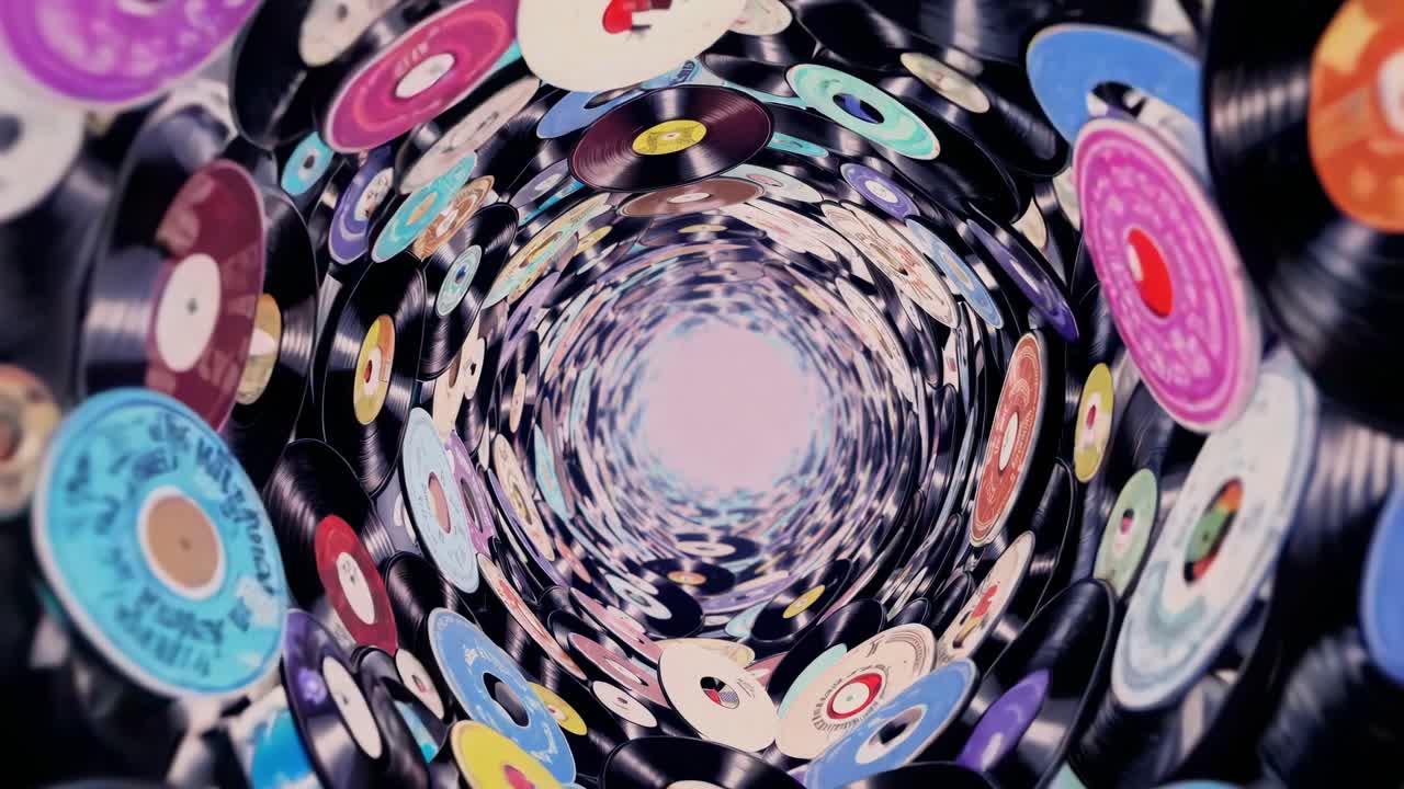 Many colorful spinning vinyl records are forming a tunnel with bright light at its end, creating a mesmerizing vortex of music and nostalgia