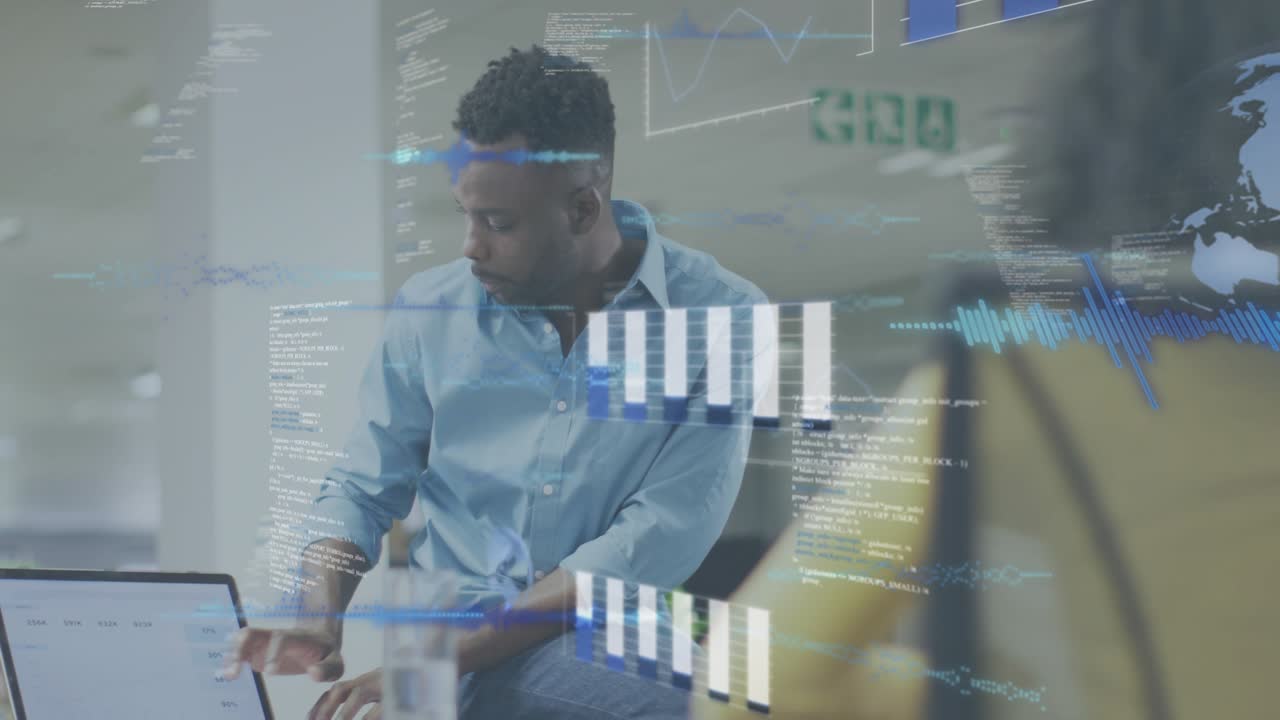 Data analyst tapping laptop bringing animated charts, probing finance metrics and briefing coworker