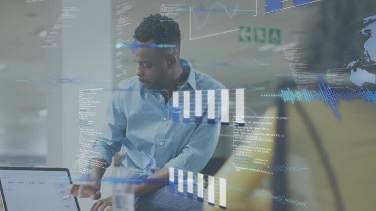 Data analyst tapping laptop bringing animated charts, probing finance metrics and briefing coworker