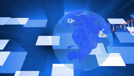 estructura de dna y globo girando contra el diseño de forma cuadrada sobre fondo azul