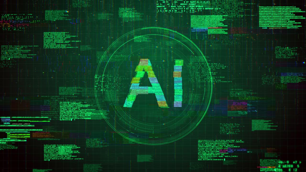 Futuristic AI Icon Over Green Hacking Glitch Animation Background