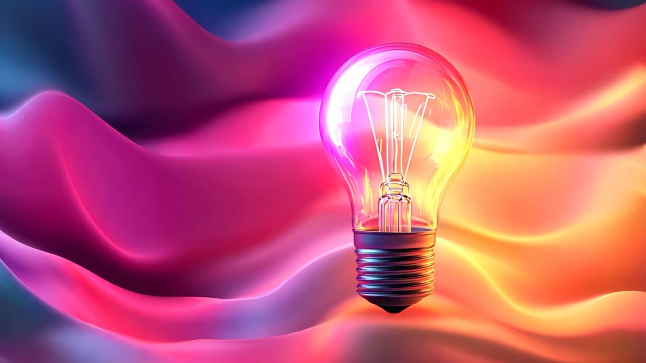 A light bulb is lit up on a purple and pink background. The light bulb is the only object in the image, and it is the main focus. The colors of the background create a dreamy and whimsical mood
