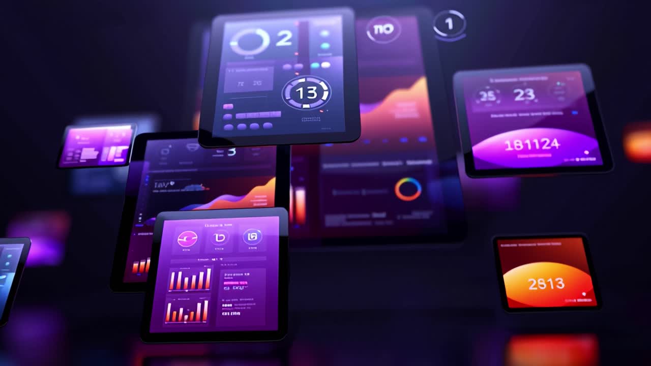 Futuristic Digital Dashboard Interface Featuring Colorful Data Visualizations and Analytics Displayed on Multiple Floating Devices Against a Dark Background