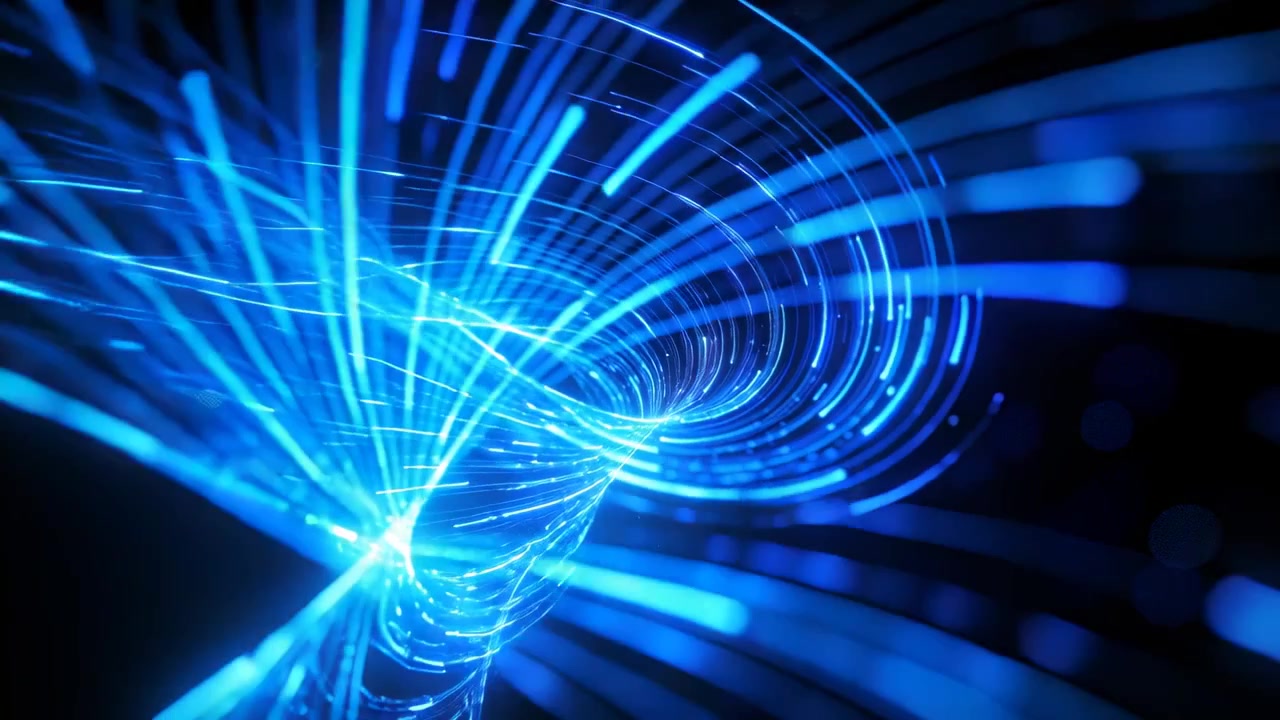 Starting spiral tightening inward, blue filament vortex forming core, ringed streaks in dark void