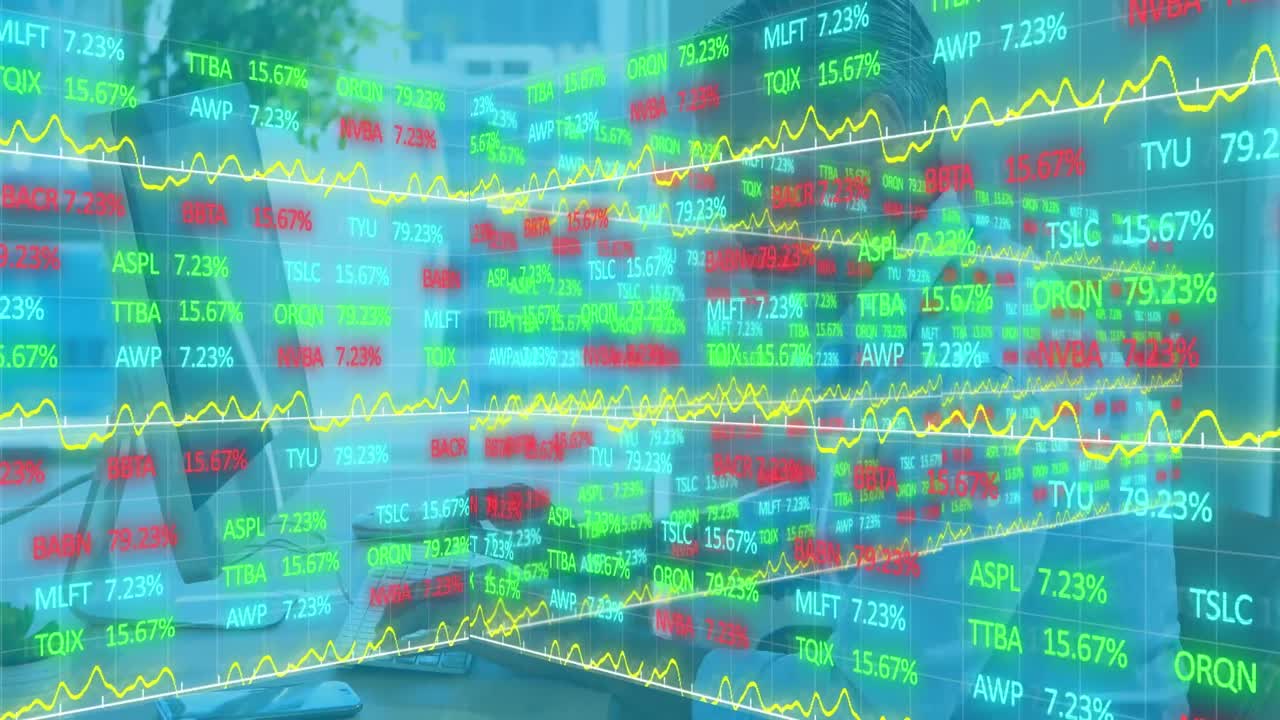 컴퓨터를 사용하는 사업가에 대한 금융 데이터 처리 애니메이션