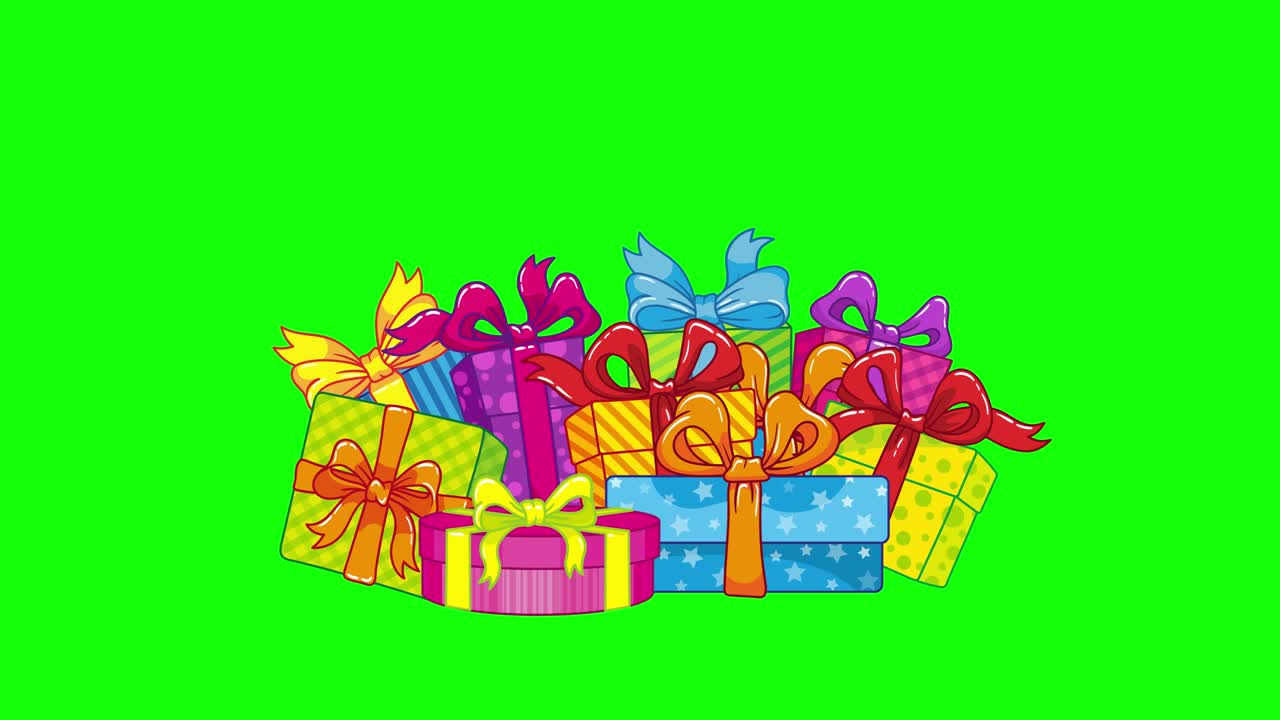 Many gifts fall to the bottom. Bright gift boxes with ribbons fall from top to bottom in a large pile. Cartoon on a colored key green screen for Big win, big sale, Black Friday