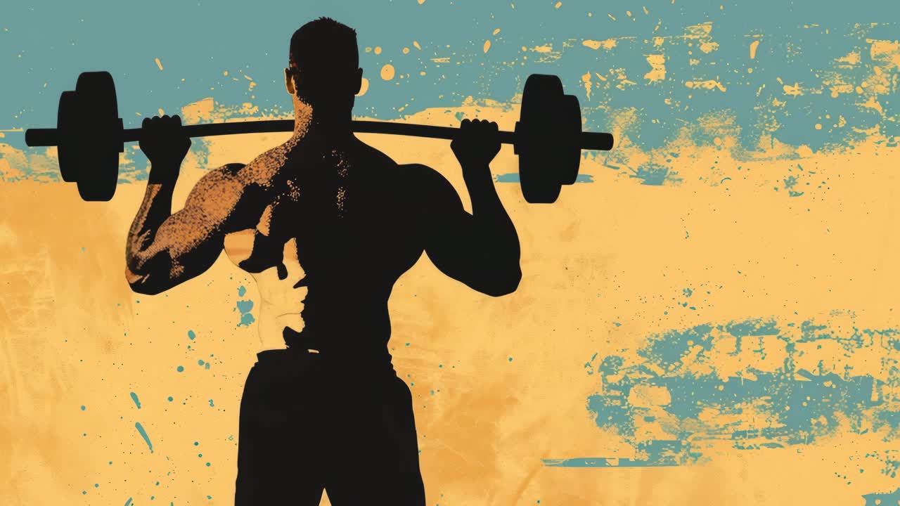 Silhouette of a muscular man lifting weights, viewed from behind