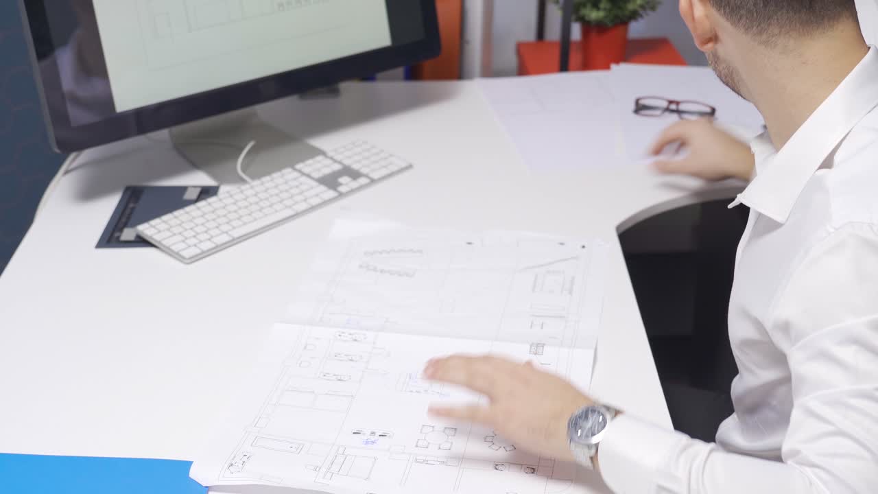 건축 엔지니어가 집의 인테리어 디자인을 그리고 있습니다.