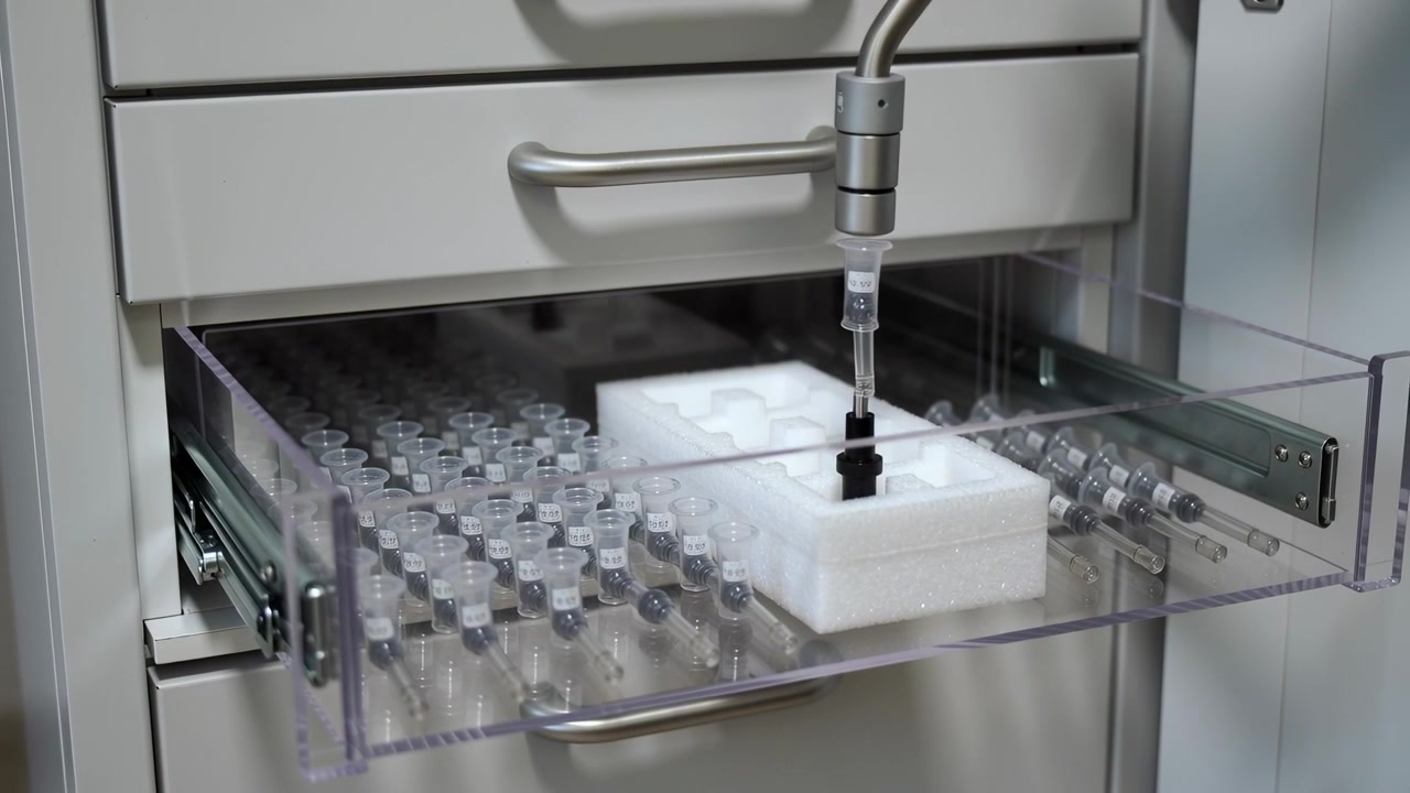 Auto dispense starting, nozzle lowering and dispensing into foam cavity on clear vial drawer in lab