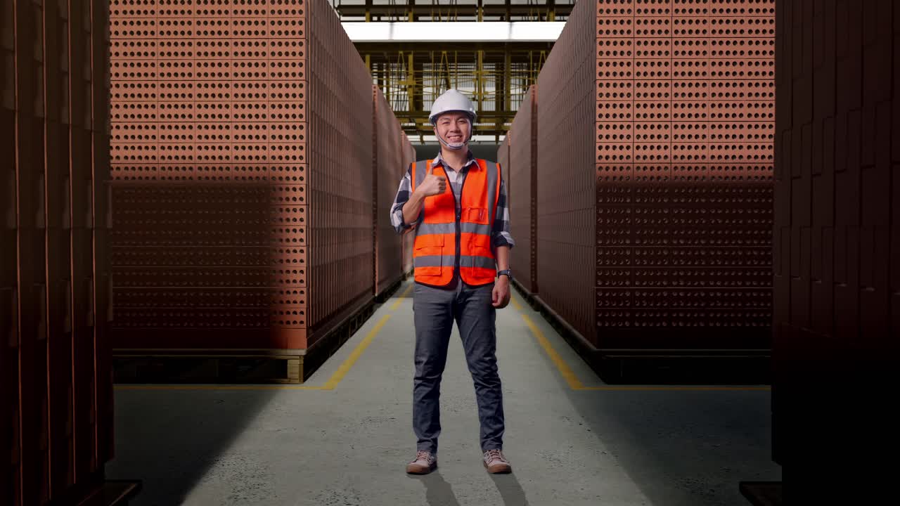 Full Body Of Asian Male Engineer With Safety Helmet Smiling And Showing Thumbs Up Gesture To The Camera While Standing With Red Brick Packed in Stacks Are Stored