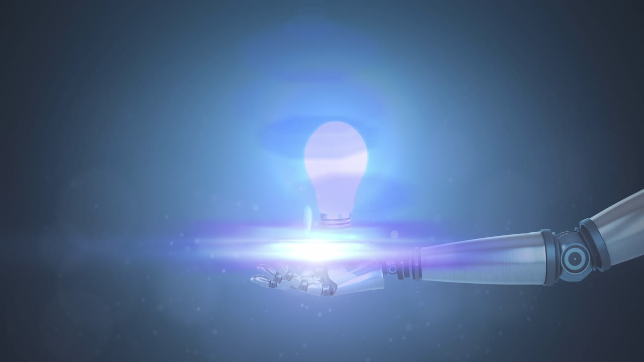 어두운 배경에 조명된 빛으로 로 팔의 손 위에 조명 된 전구의 애니메이션
