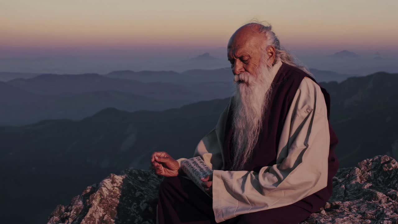 A serene video still of an elderly man reading on a mountain peak at sunset, captured from a side