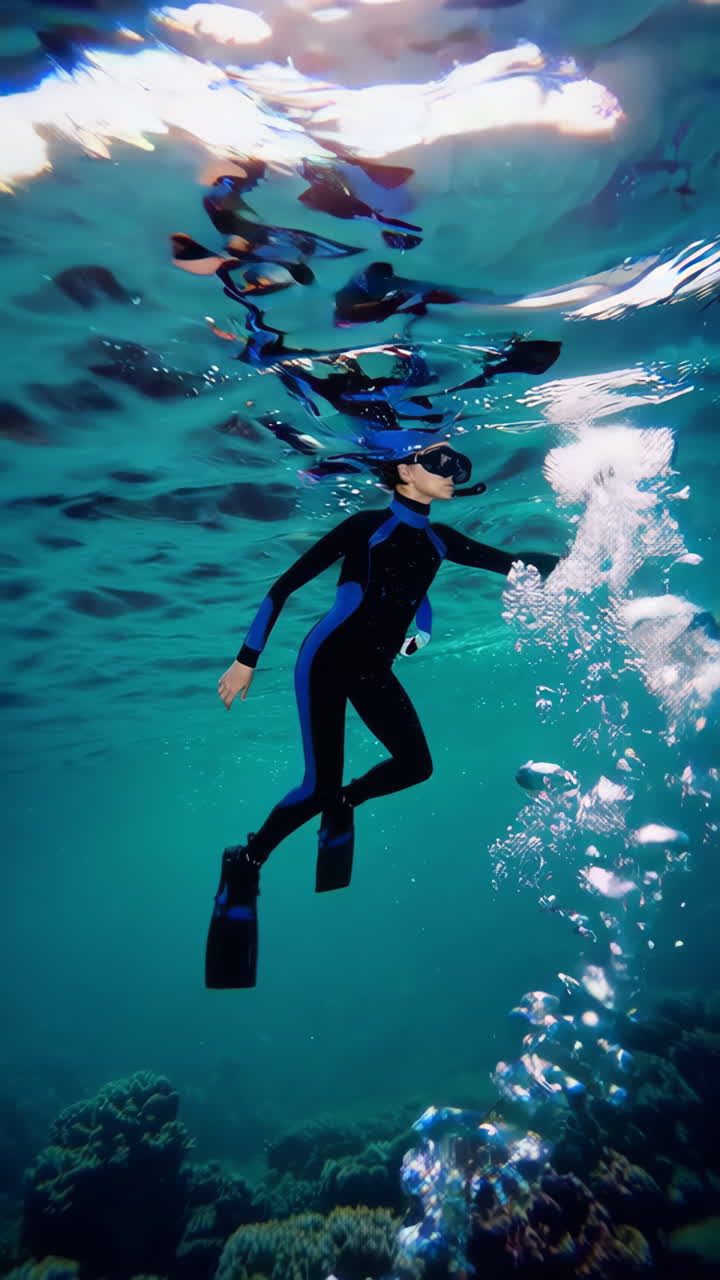 Woman snorkeling underwater in a wetsuit