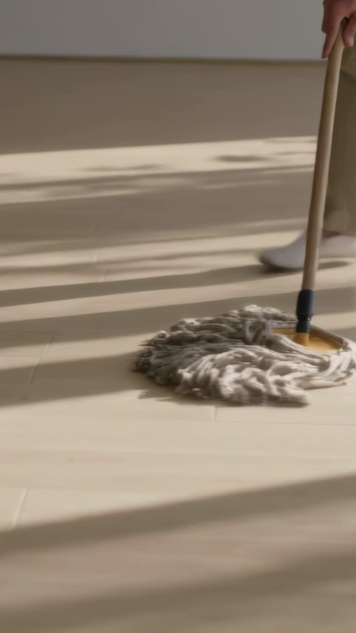 Vertical video: Mopping adult with string mop entering, starting stroke across slat light in khakis