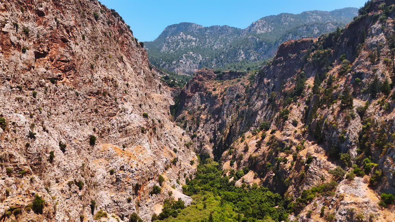 Esplorando valli lussureggianti in montagna. Una vegetazione lussureggiante prospera nella valle, incorniciata da ripide e aspre scogliere montane sotto un cielo azzurro e luminoso.