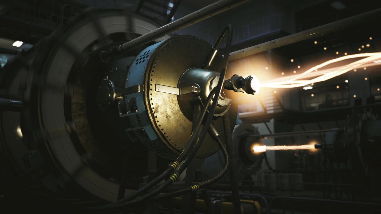 Cena industrial cinematográfica exibindo efeitos experimentais de energia de rotor.