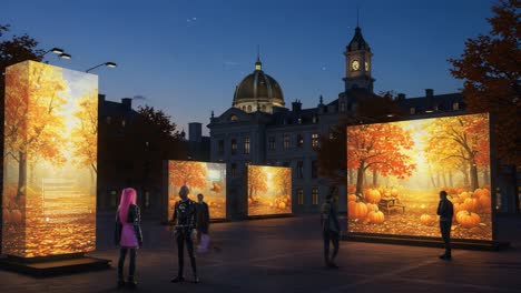 Autumn Art Display: A Captivating Evening Transformation Showcasing Vibrant Fall Colors, Interactive Light Displays, and Engaging Visitors Against a Historic Backdrop