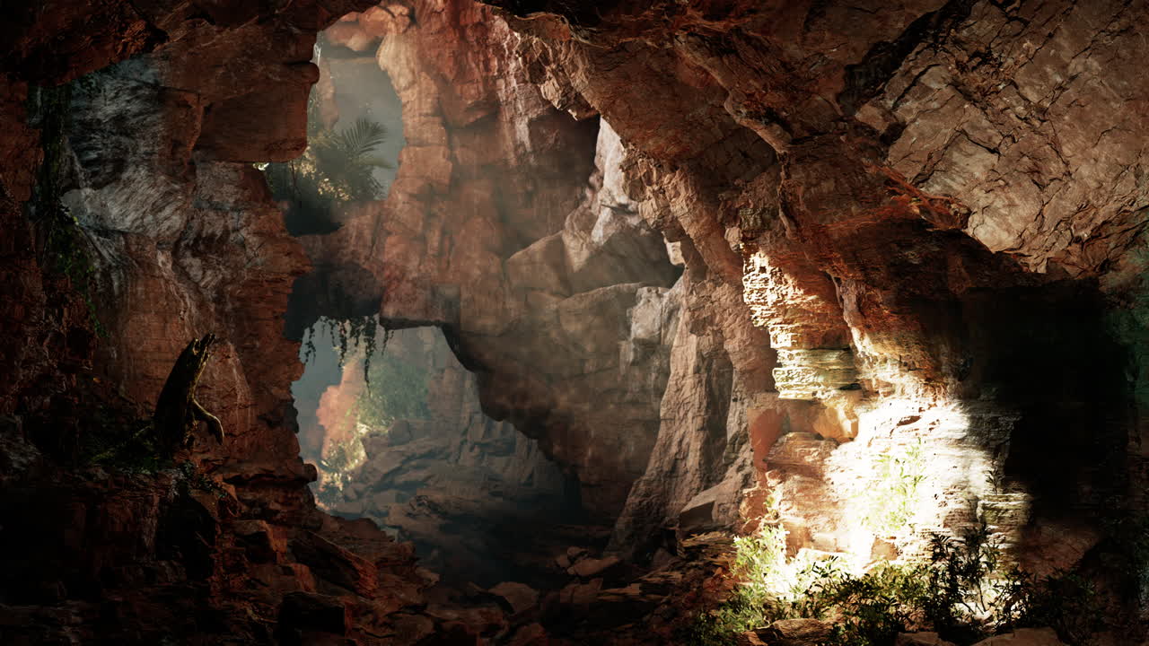 una misteriosa entrada de la cueva con la luz del sol fluyendo en