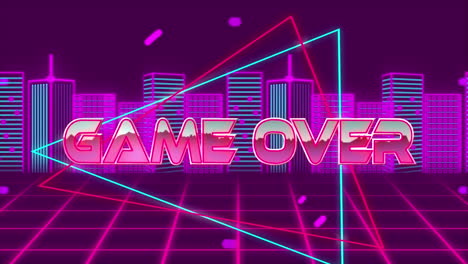 animation of game over in digital abstract space with city