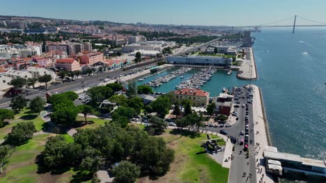 Drone-shot-coming-in-over-Belem-in-Lisbon-from-the-riverside