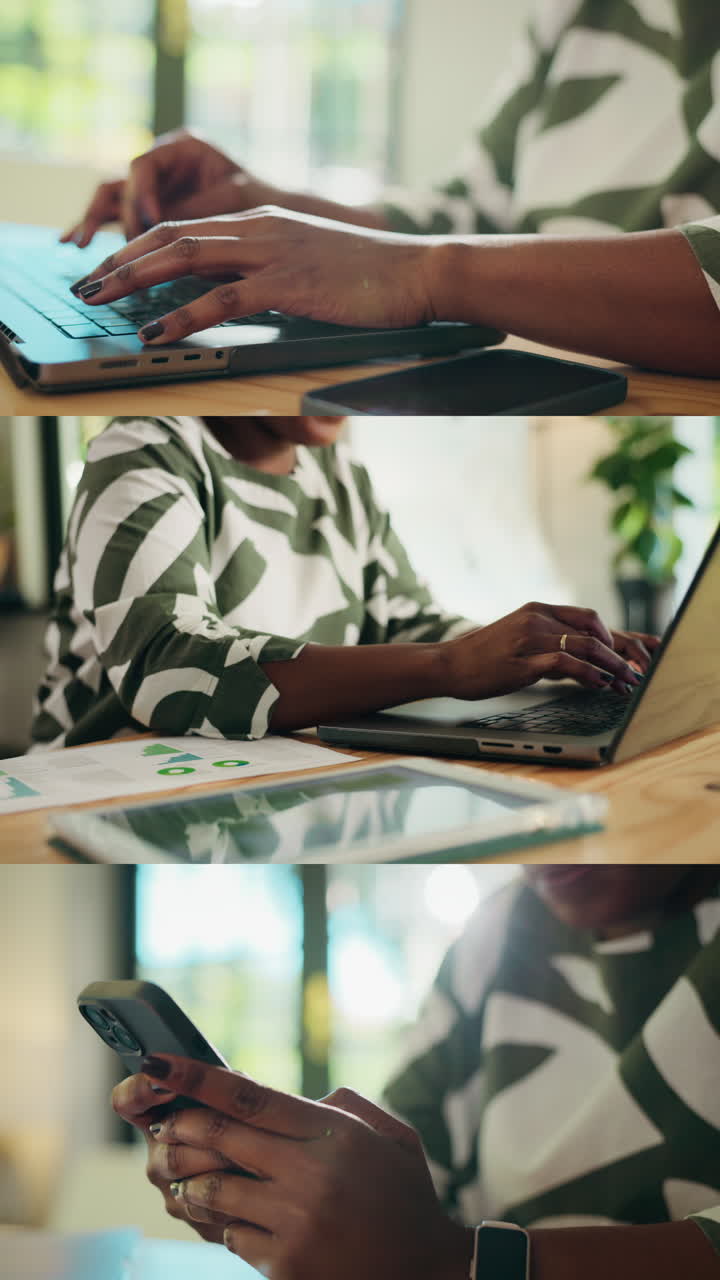 Woman Working on Laptop, Tablet, and Smartphone at Desk