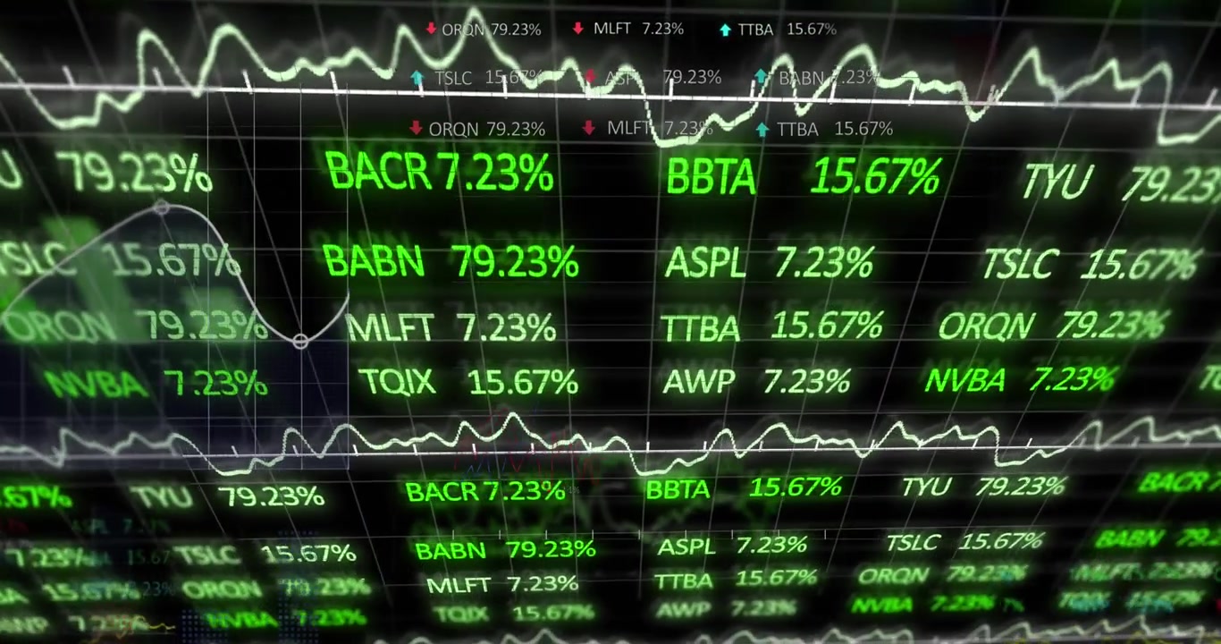 Display digitale di dati del mercato azionario con grafici finanziari fluttuanti