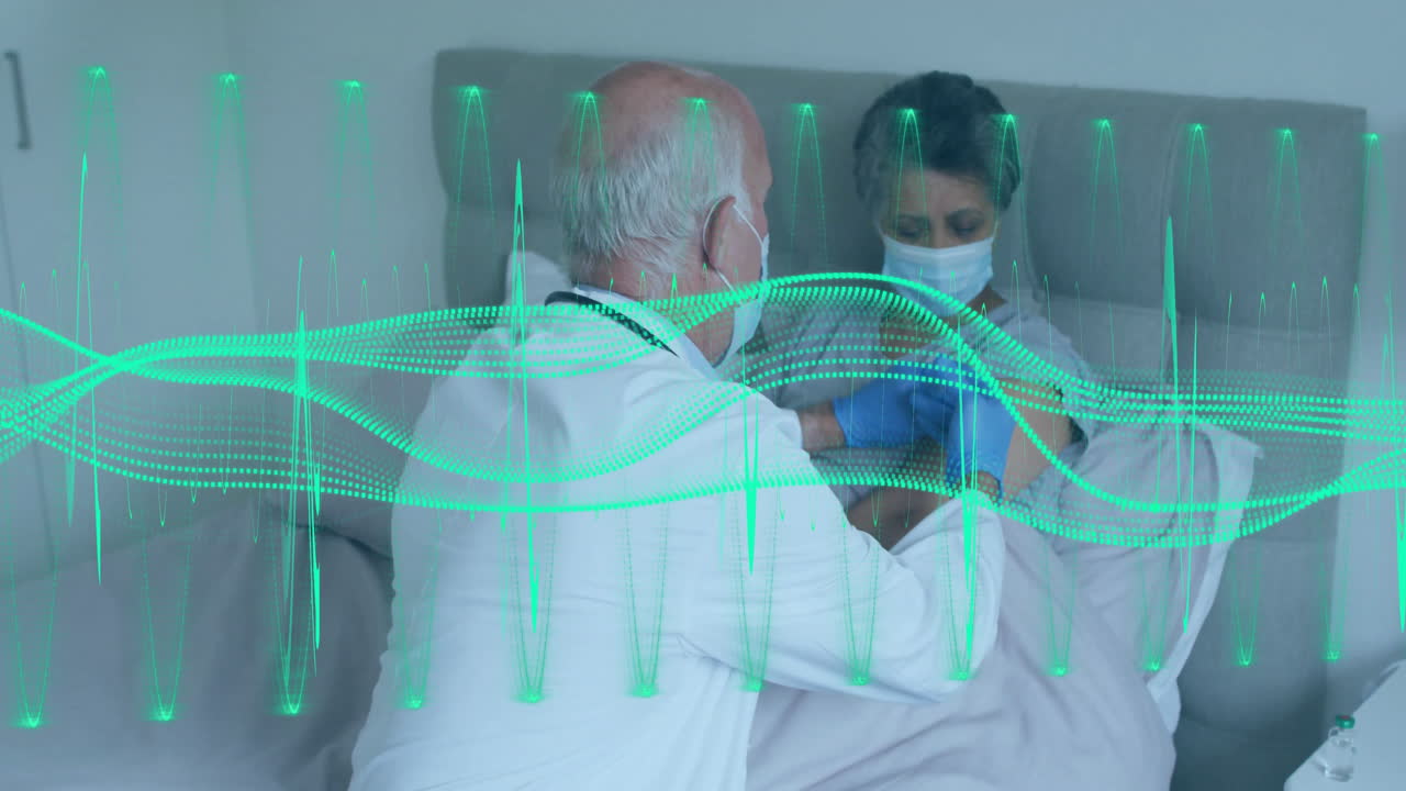 Medical data processing animation over doctor examining patient in hospital bed