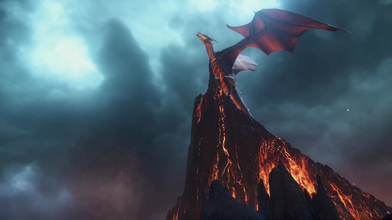Un maestoso drago appollaiato sulla cima di una montagna vulcanica