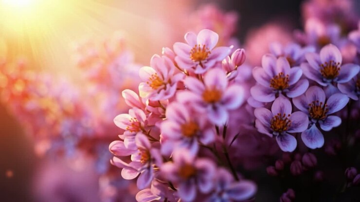Blumen blühen im sanften Morgenlicht. Zarte rosa Blüten strahlen Schönheit aus, während die Sonne aufgeht, und schaffen eine friedliche Atmosphäre voller Naturfarben.