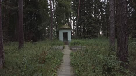 Walking-along-a-wooden-walkway-though-a-pine-forest-slowly-approaching-a-small-building-with-wooden-benches-in-front