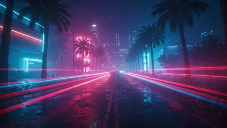 a cyberpunk dreamscape: neon lights and rainy streets create a vibrant atmosphere with palm trees underneath a misty night sky