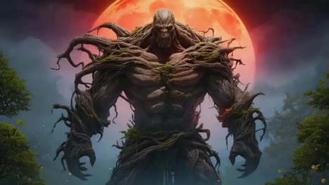 ominous tree monster under a blood moon