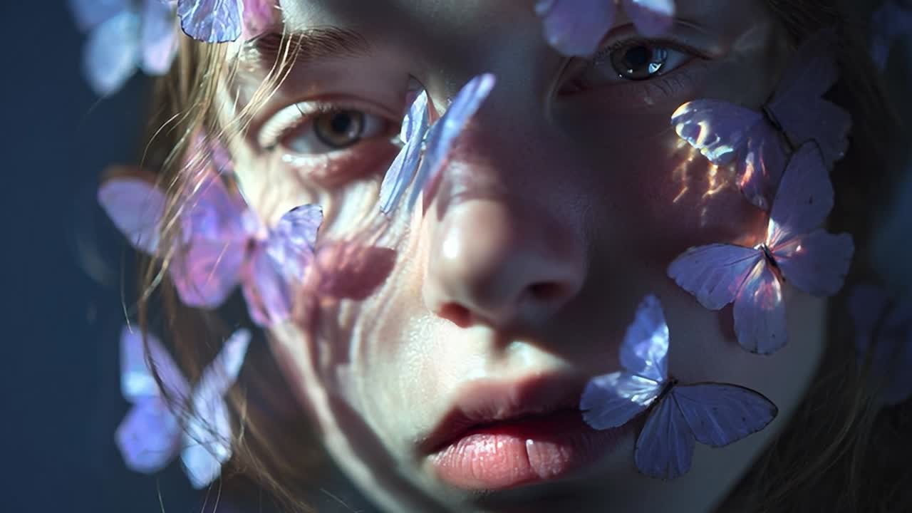 Ragazza circondata da delicate farfalle in una luce soffusa