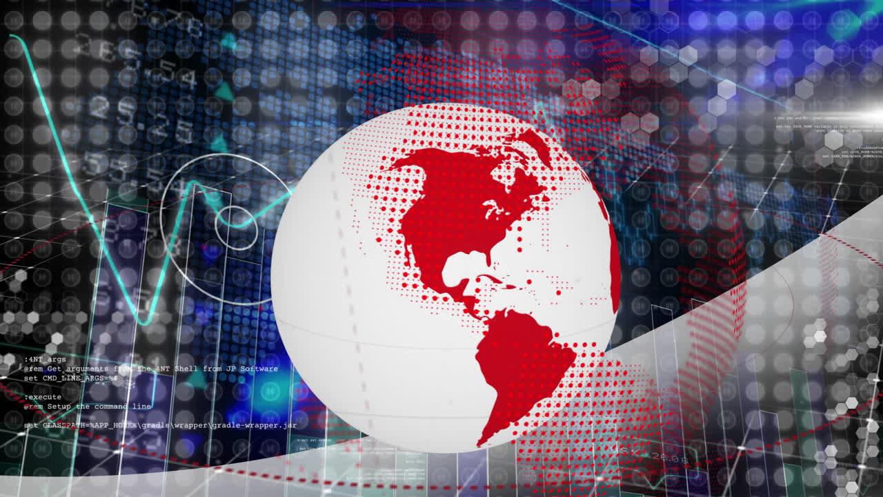 Globe with red continents over digital data and financial graph animation
