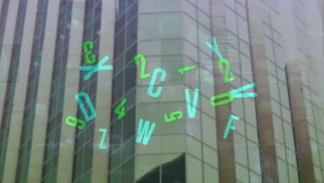animation of financial data processing over office building
