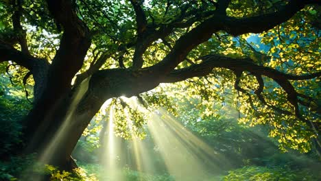 a large tree in the middle of a lush green forest