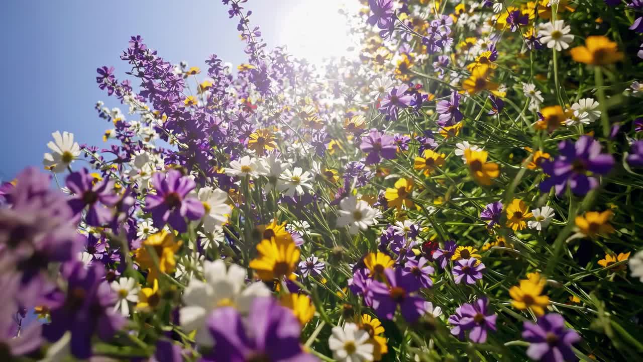 Video girato dal basso con inquadratura ad angolo ridotto di vivaci fiori di campo su un cielo luminoso, per catturare un effetto dinamico e coinvolgente