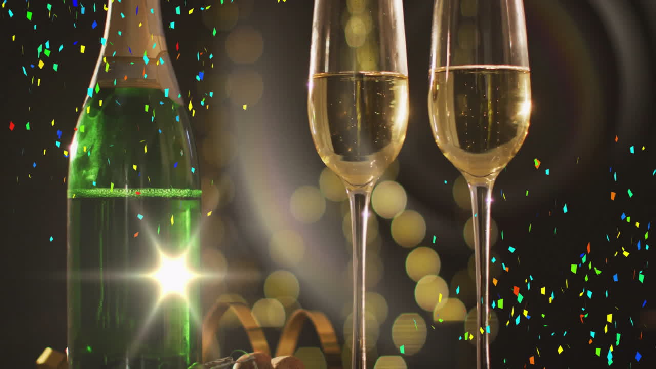 Bottiglia di champagne e bicchieri con animazione di coriandoli su luci festive