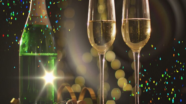 Bottiglia di champagne e bicchieri con animazione di coriandoli su luci festive