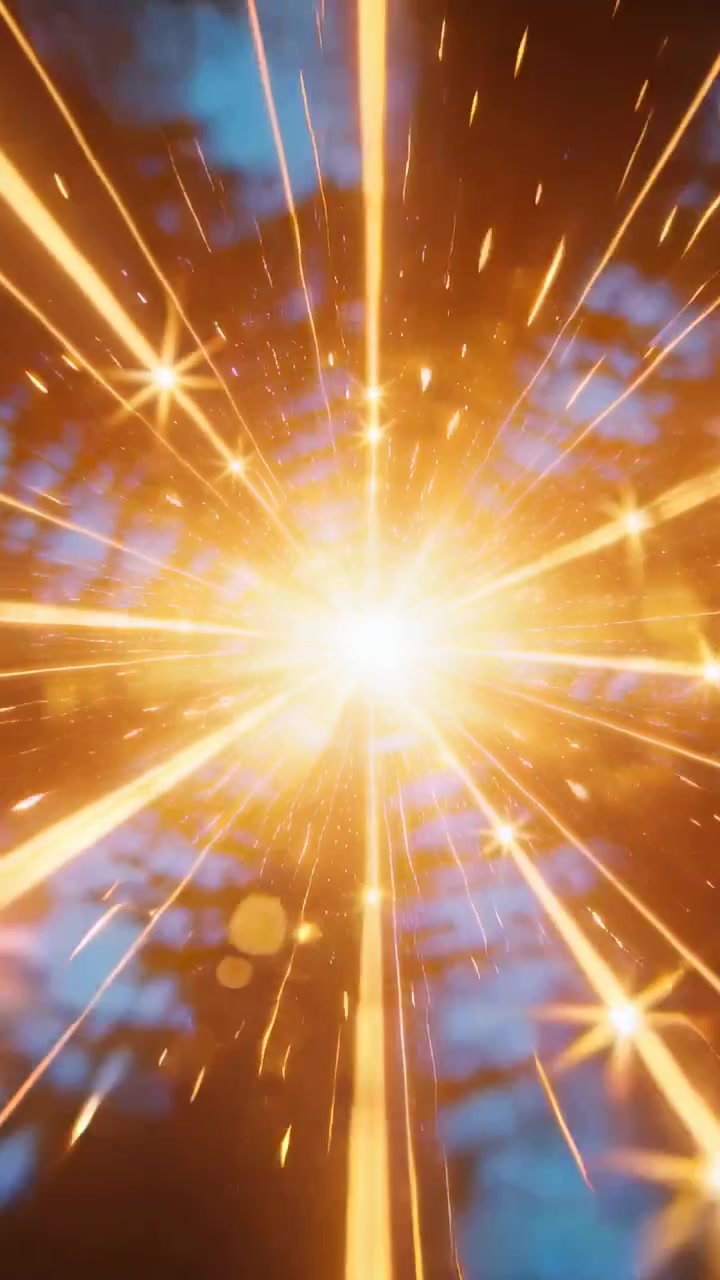 Video verticale: Nucleo luminoso che esplode, inviando strisce dorate attraverso la chioma degli alberi e spargendo scintille.