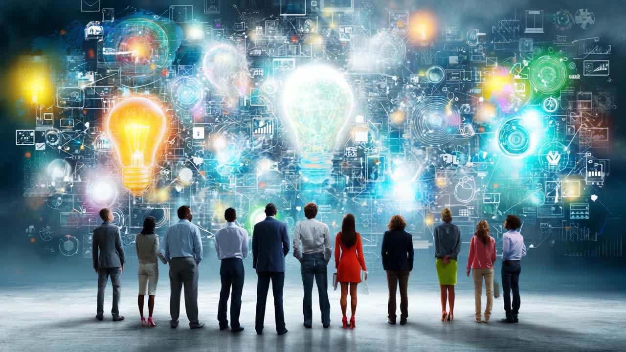 A Diverse Group of Professionals Gazes in Awe at a Colorful Display of Ideas Represented by Vibrant Light Bulbs and Digital Innovations, Symbolizing Creativity and Collaboration